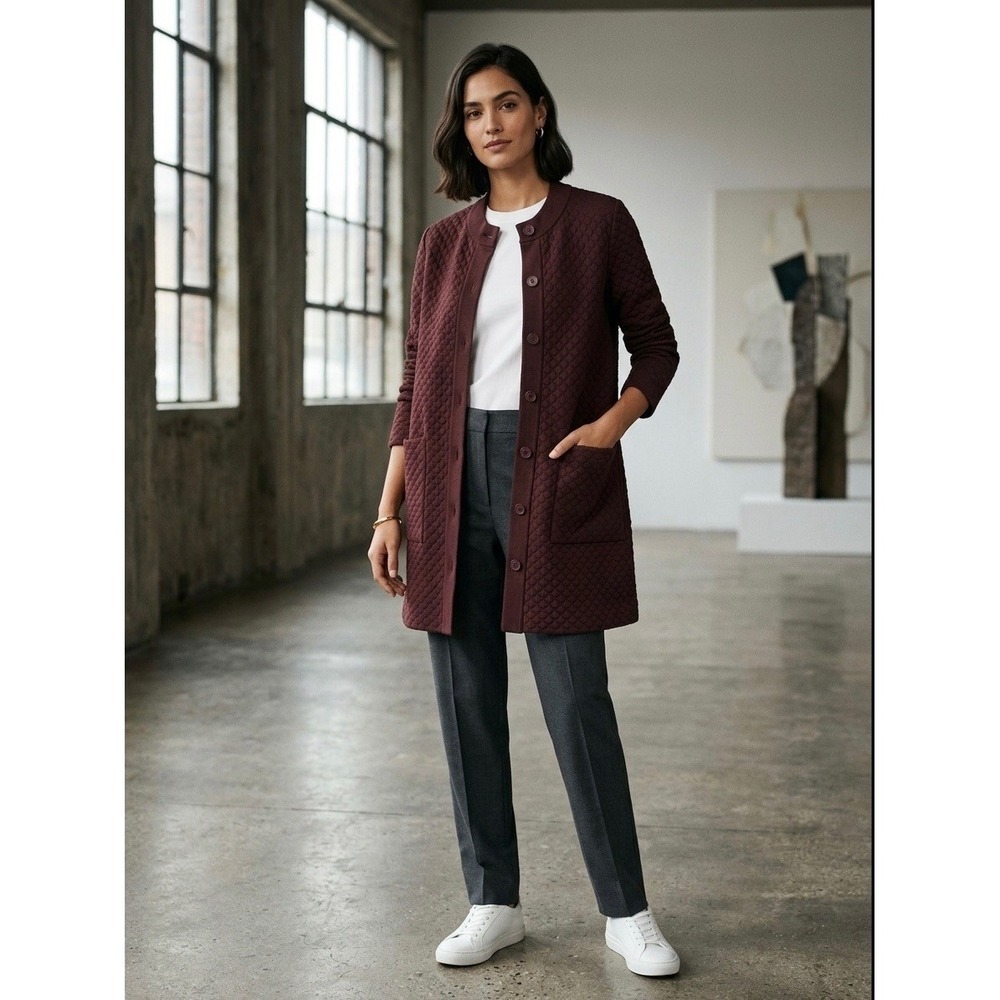 COS Quilted Longline Cardigan Jacket Burgundy Textured Honeycomb XS 0403530 6